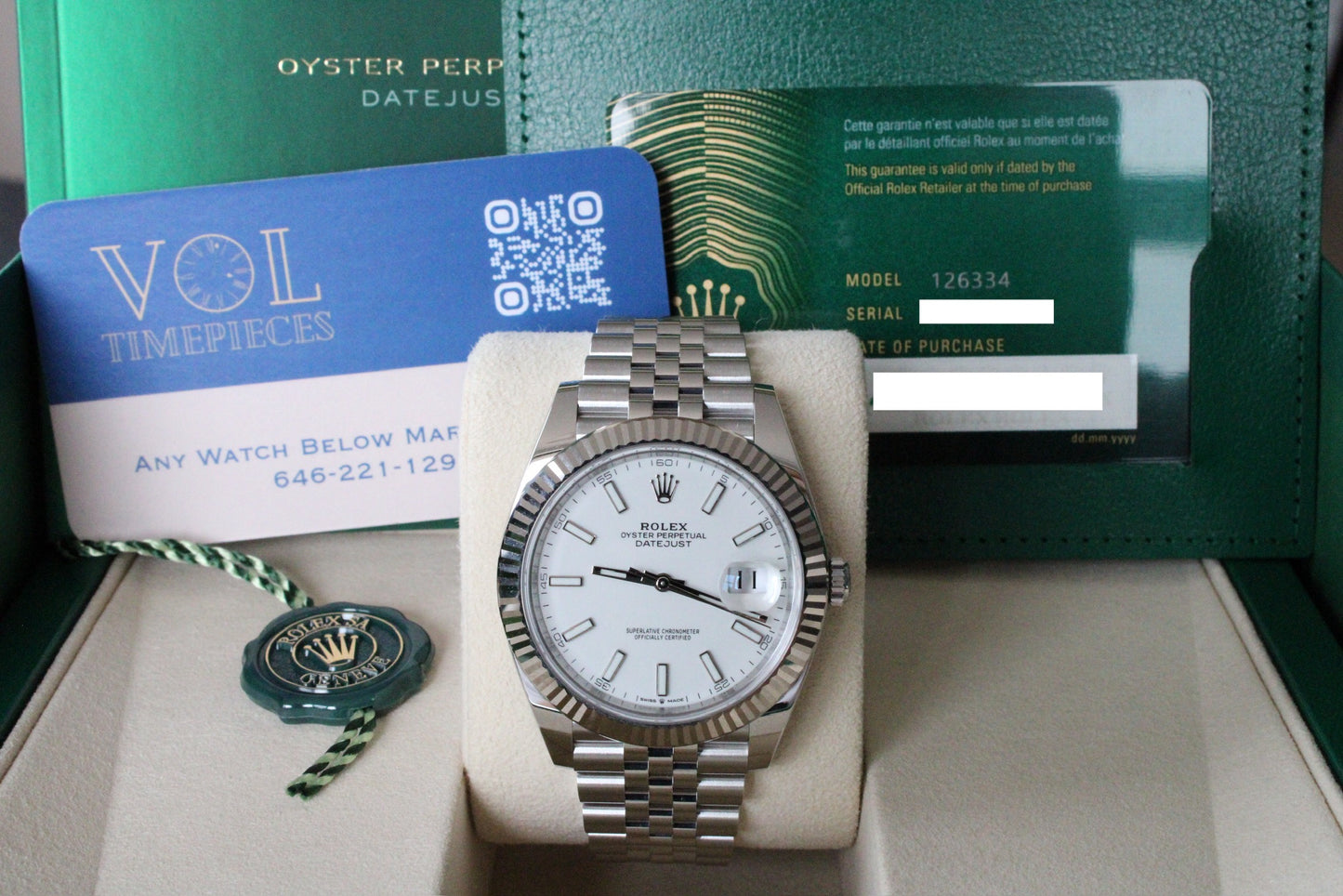 Rolex Datejust 41 126334 NEW · White Stick Dial · Fluted Bezel · Complete Set August 2025 · Brand New · Founder Purchased in Geneva