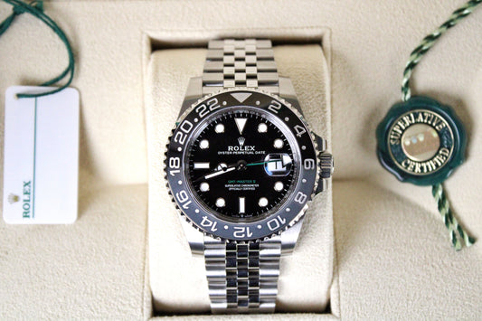 Rolex GMT-Master II Bruce Wayne 126710GRNR · Grey-Black Ceramic · Jubilee · 40mm · 2024 · Original AD Receipt · Full Set · Full Links