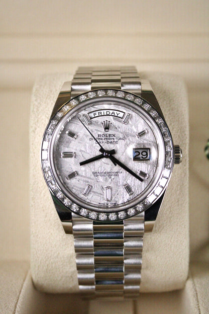 Rolex Day-Date 40 228396TBR · Full Platinum · Meteorite Dial · Baguette Diamond Bezel