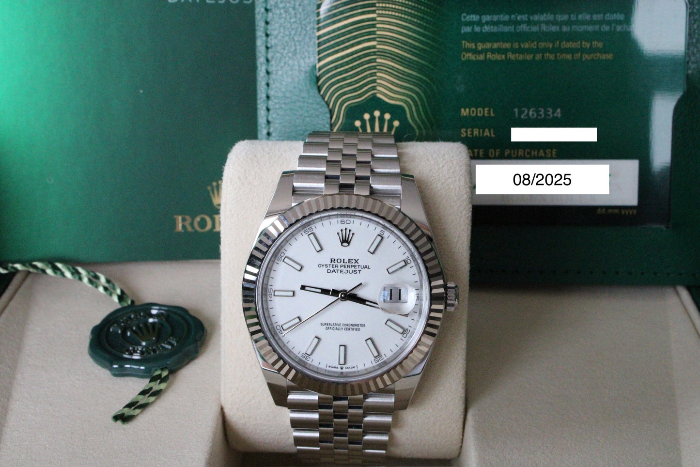 Rolex Datejust 41 126334 NEW · White Stick Dial · Fluted Bezel · Complete Set August 2025 · Brand New · Founder Purchased in Geneva