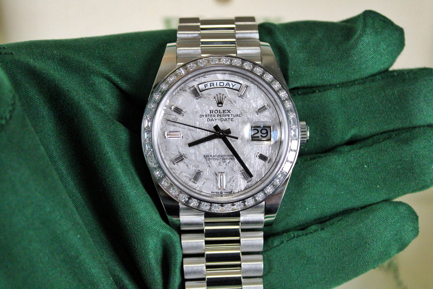 Rolex Day-Date 40 228396TBR · Full Platinum · Meteorite Dial · Baguette Diamond Bezel