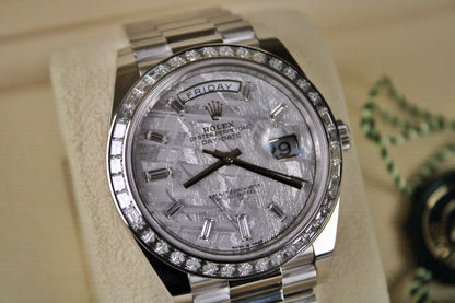 Rolex Day-Date 40 228396TBR · Full Platinum · Meteorite Dial · Baguette Diamond Bezel