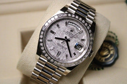 Rolex Day-Date 40 228396TBR · Full Platinum · Meteorite Dial · Baguette Diamond Bezel