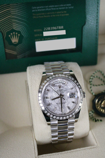 Rolex Day-Date 40 228396TBR · Full Platinum · Meteorite Dial · Baguette Diamond Bezel