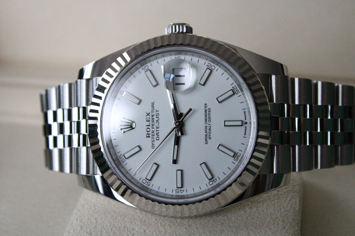 Rolex Datejust 41 126334 NEW · White Stick Dial · Fluted Bezel · Complete Set August 2025 · Brand New · Founder Purchased in Geneva