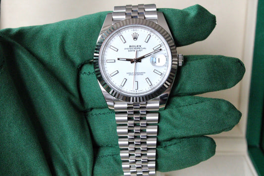 Rolex Datejust 41 126334 NEW · White Stick Dial · Fluted Bezel · Complete Set August 2025 · Brand New · Founder Purchased in Geneva
