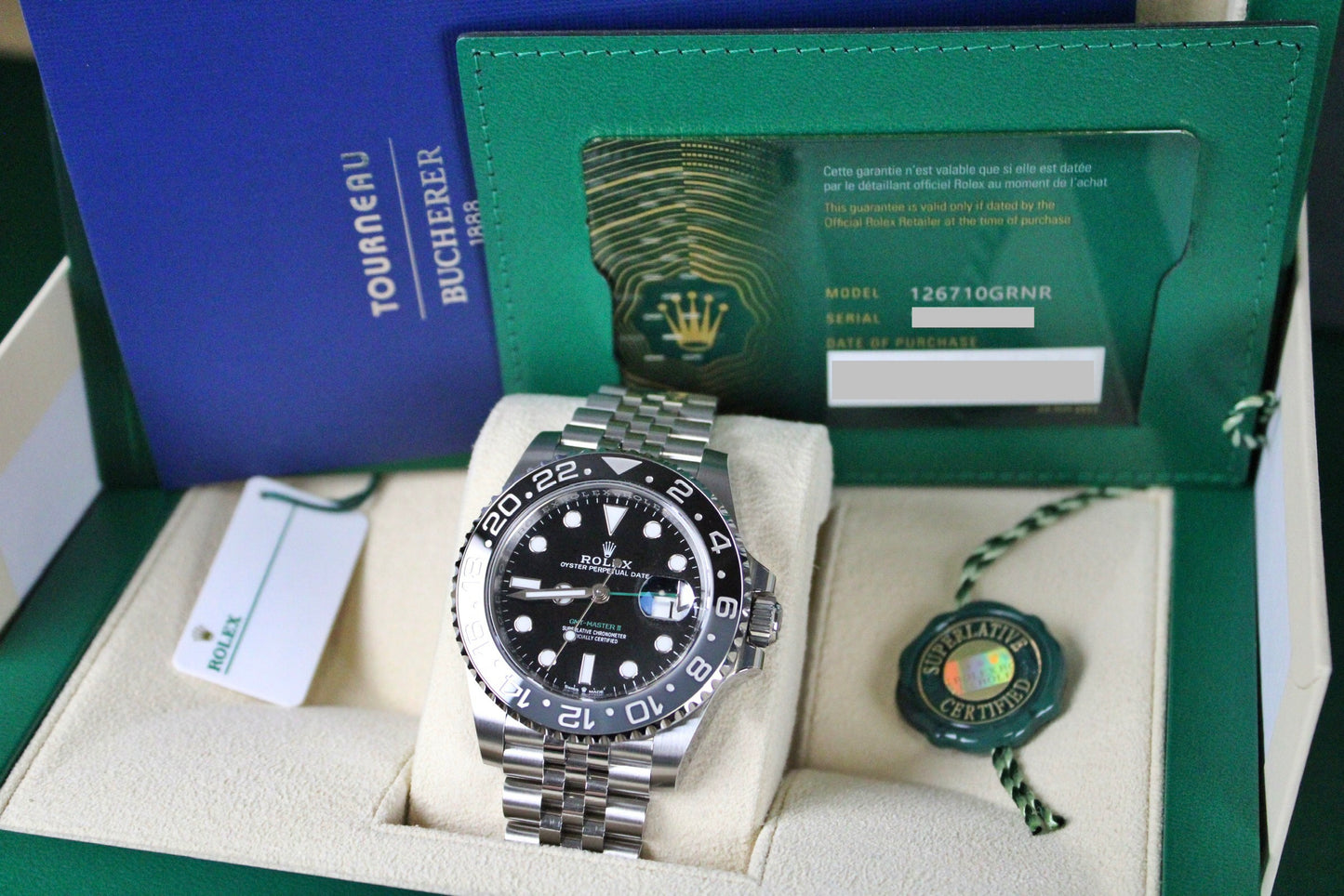 Rolex GMT-Master II Bruce Wayne 126710GRNR · Grey-Black Ceramic · Jubilee · 40mm · 2024 · Original AD Receipt · Full Set · Full Links