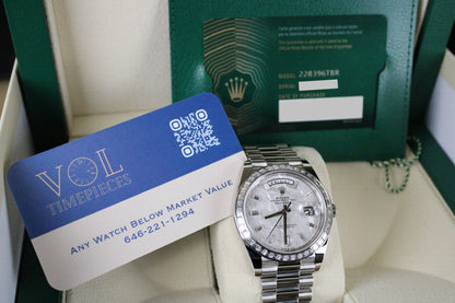 Rolex Day-Date 40 228396TBR · Full Platinum · Meteorite Dial · Baguette Diamond Bezel