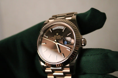 Rolex Day-Date 40 228235 · Everose · Chocolate Dial · Fluted Bezel · Full Set 2024 · Mint Condition