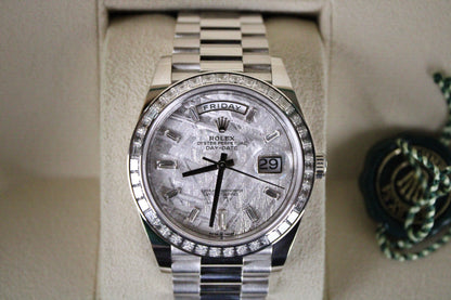 Rolex Day-Date 40 228396TBR · Full Platinum · Meteorite Dial · Baguette Diamond Bezel