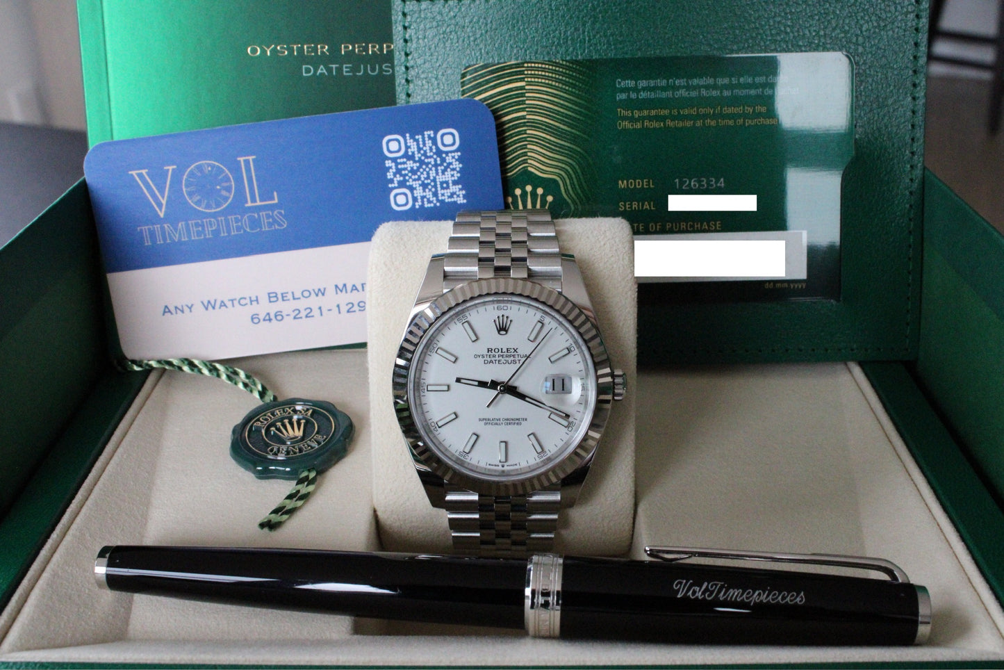 Rolex Datejust 41 126334 NEW · White Stick Dial · Fluted Bezel · Complete Set August 2025 · Brand New · Founder Purchased in Geneva