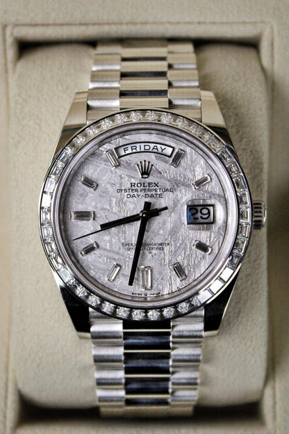 Rolex Day-Date 40 228396TBR · Full Platinum · Meteorite Dial · Baguette Diamond Bezel