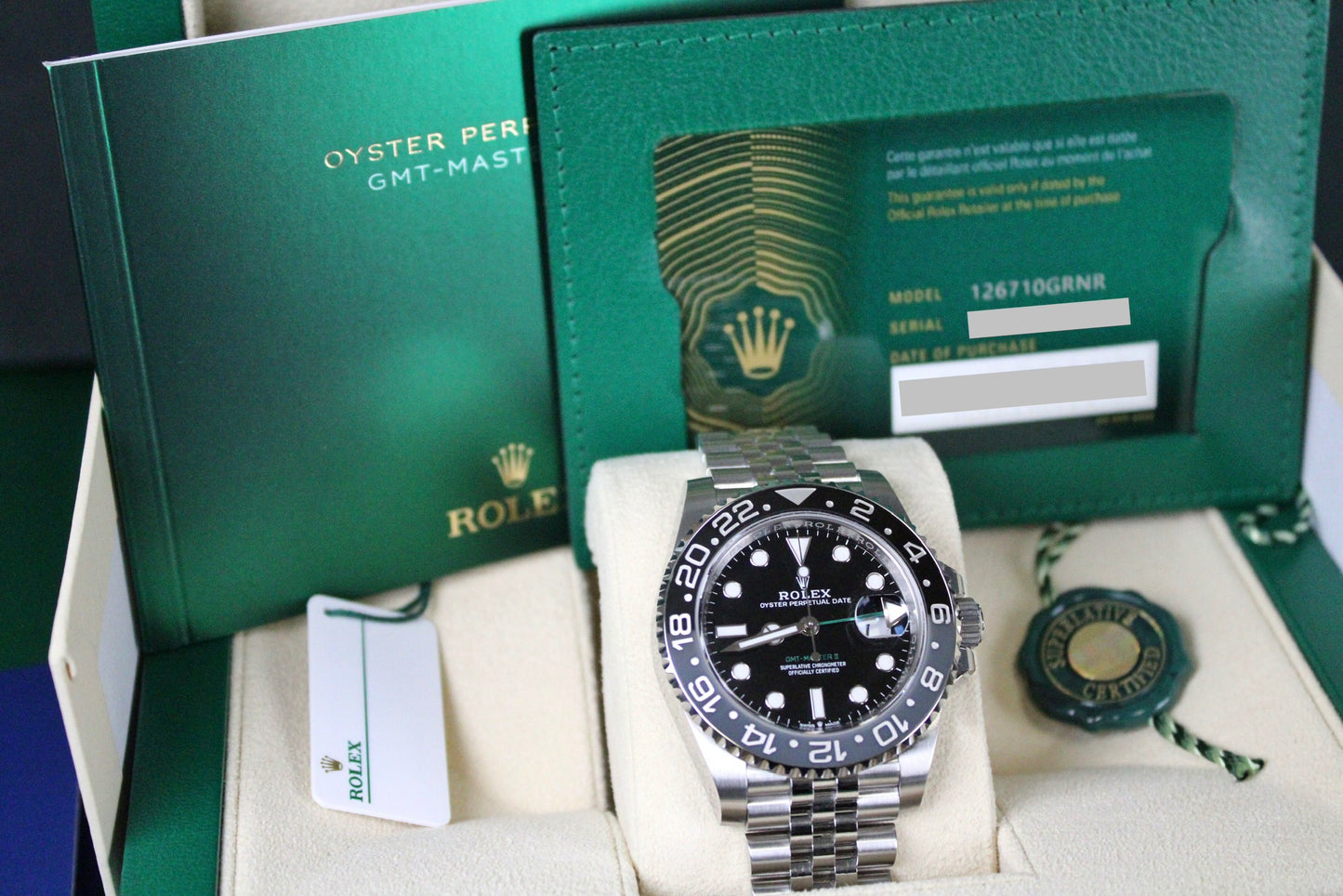 Rolex GMT-Master II Bruce Wayne 126710GRNR · Grey-Black Ceramic · Jubilee · 40mm · 2024 · Original AD Receipt · Full Set · Full Links