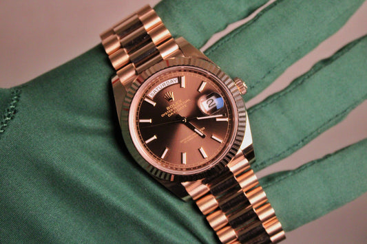 Rolex Day-Date 40 228235 · Everose · Chocolate Dial · Fluted Bezel · Full Set 2024 · Mint Condition