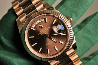 Rolex Day-Date 40 228235 · Everose · Chocolate Dial · Fluted Bezel · Full Set 2024 · Mint Condition