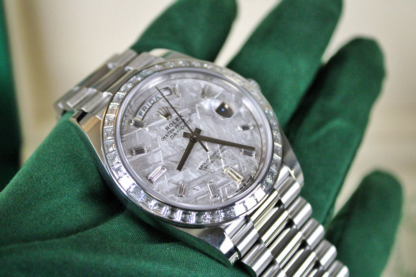 Rolex Day-Date 40 228396TBR · Full Platinum · Meteorite Dial · Baguette Diamond Bezel