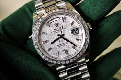 Rolex Day-Date 40 228396TBR · Full Platinum · Meteorite Dial · Baguette Diamond Bezel