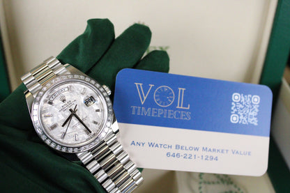 Rolex Day-Date 40 228396TBR · Full Platinum · Meteorite Dial · Baguette Diamond Bezel