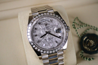 Rolex Day-Date 40 228396TBR · Full Platinum · Meteorite Dial · Baguette Diamond Bezel
