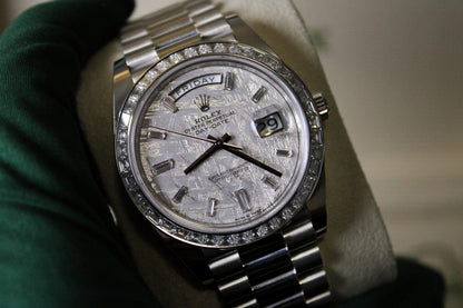 Rolex Day-Date 40 228396TBR · Full Platinum · Meteorite Dial · Baguette Diamond Bezel
