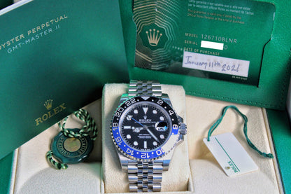 Rolex GMT-Master II 126710BLNR Batgirl/Batman on Jubilee 2021 Mint Condition Complete Set