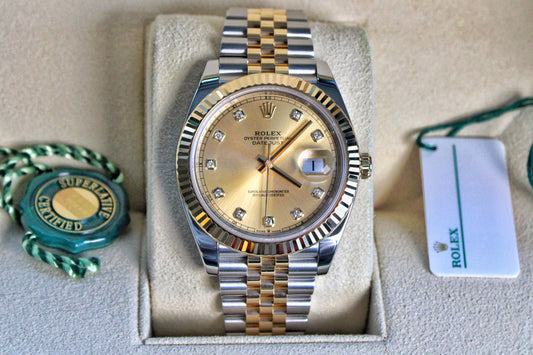 Rolex Datejust 41 126333 · Champagne Factory Diamond Dial · Fluted Bezel · Two-Tone Jubilee · Mint Condition · 2022 Complete Set Both Tags